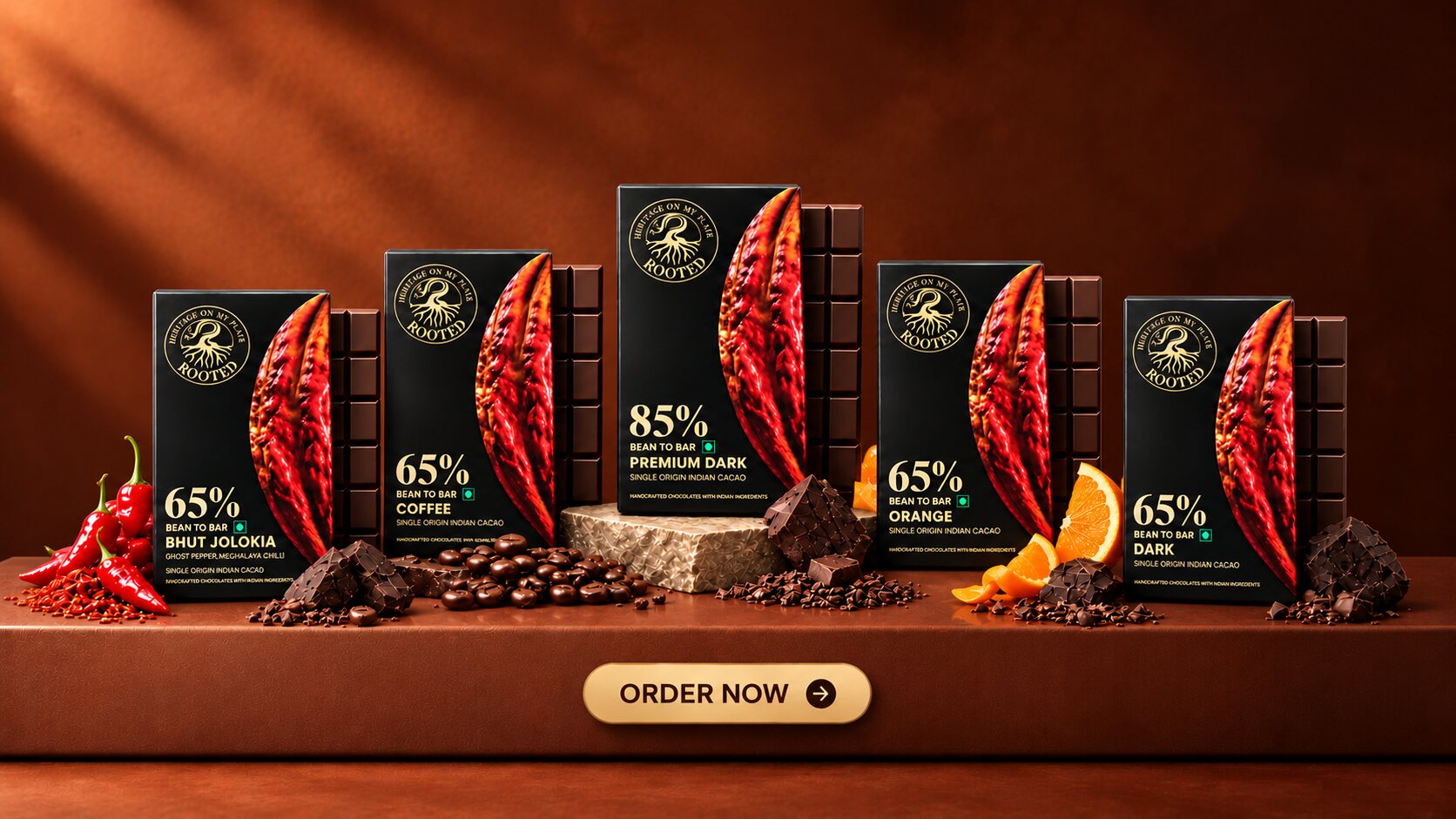 The five ROOTED bean to bar bars with chillies, coffee beans and orange. Order now.